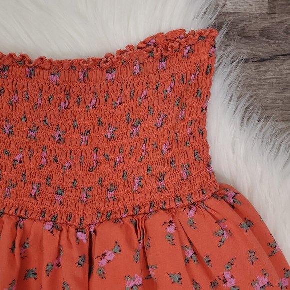 Kimchi Blue Romper Womens Small Orange Floral Sleeveless Smocked Pockets UO - Picture 2 of 11